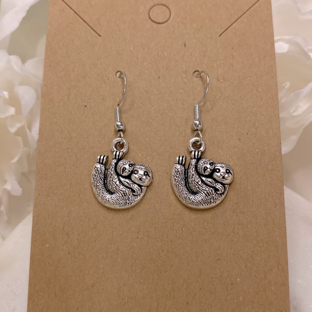 Sloth Mom and Baby earrings made with .925 Sterling Silver ear wire hooks NWT
